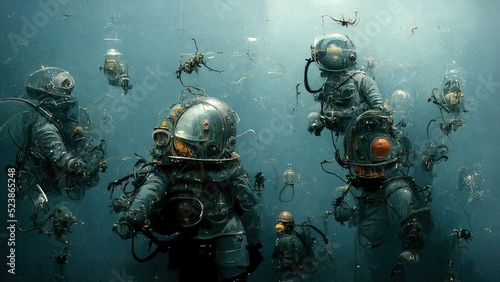 abstract illustrative representation of divers in the deep sea