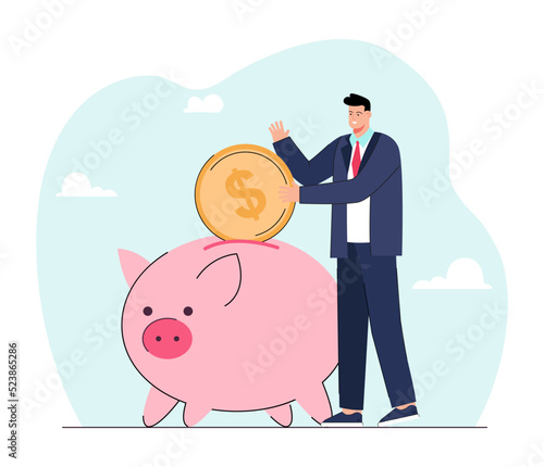 Tiny man putting gold coin into piggy bank. Businessman saving or investing money flat vector illustration. Finance, income, budget, deposit concept for banner, website design or landing web page