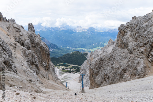 hiking in the mountains, Forcella Staunies Route, Dolomites Alps, Italy 
