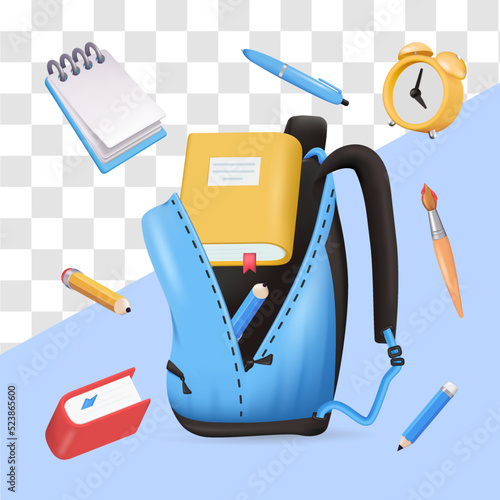 education, school backpack with pencils, books, notepads. learning, 3d icons for learning.