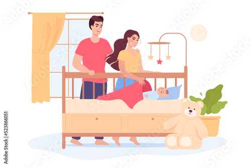 Mother and father putting baby to bed at home. Happy parents looking at child sleeping in cradle nursery room flat vector illustration. Parenting concept for banner, website design or landing web page