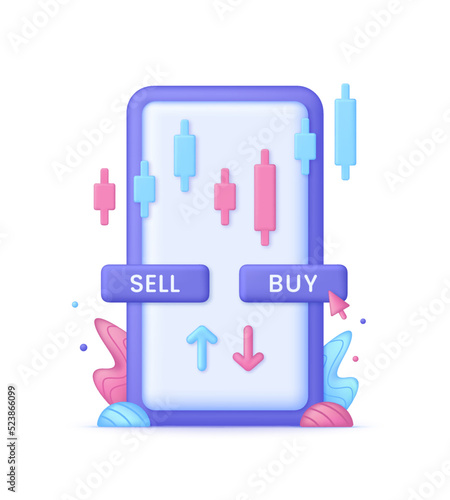 3D Cryptocurrency trading online on mobile phone screen. Market analytics and trading concept. Trading strategy. Global stock exchanges index. Cryptocurrency transaction.