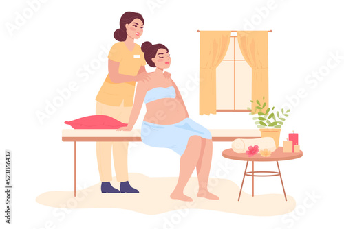 Pregnant cartoon woman getting massage. Prenatal massage therapy or treatment, adult character relaxing flat vector illustration. Pregnancy, spa salon concept for banner, website design, landing page