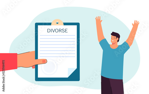 Huge hand showing man divorce decree flat vector illustration. Person rejoicing at formal dissolution of his marriage. Relationship, separation concept for banner, website design or landing web page