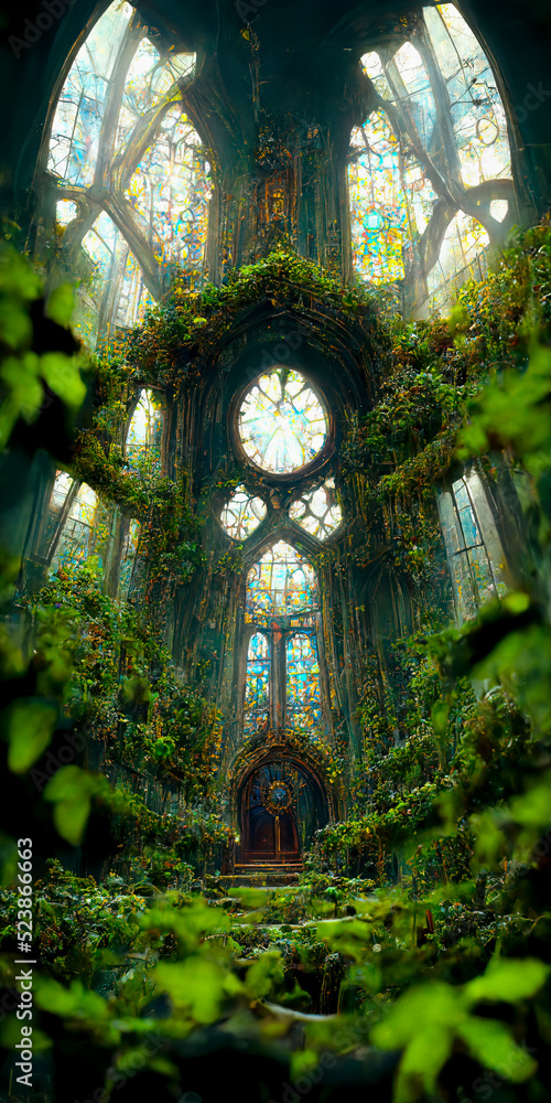 Fototapeta premium Inside An Abandoned Overgrown Gothic Cathedral