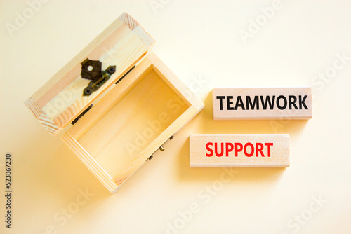 Teamwork support symbol. Concept words Teamwork support on wooden blocks on a beautiful white table white background. Empty wooden chest. Business and teamwork support concept. Copy space.