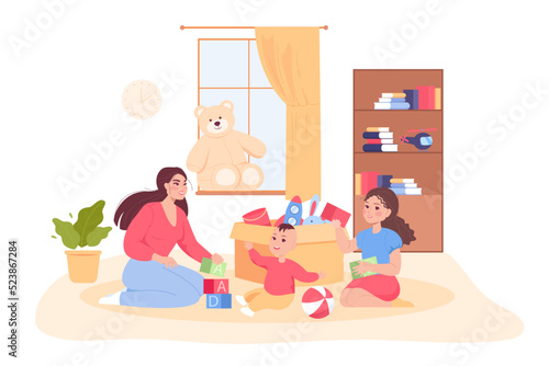 Mother or nanny playing with kids at home. Mom sitting on floor with daughter and son in game room flat vector illustration. Parenting, family, motherhood concept for banner or landing web page