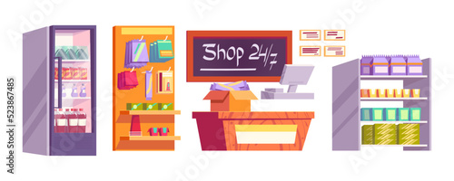 Convenience shop interior cartoon illustration set. Empty minimarket or mini store with fridge, stall and cashier, shelves with packs of sweets. Consumption, commerce concept