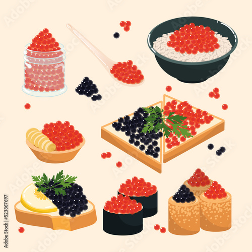 Dishes with red and black caviar cartoon illustration set. Delicious roe on spoon, buttered bread, sushi. Patty shell with caviar. Expensive food, luxury delicacy concept