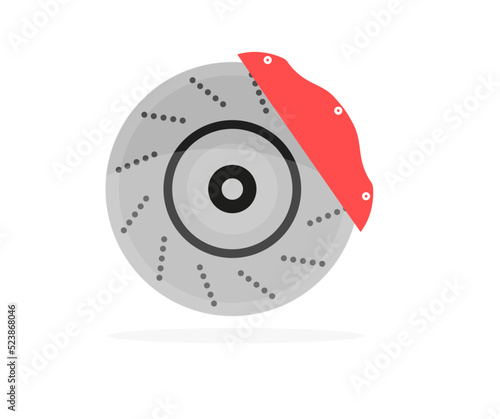 Car brake disk, Disc brake of the vehicle for repair, in process of new tire replacement logo design. Car brake disc and red caliper  vector design and illustration.