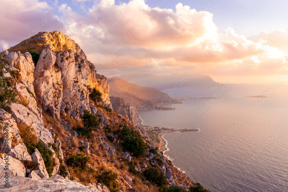 amazing panoramic view from a high rock to  sunset or sunrise sea in evening or morning with coastline