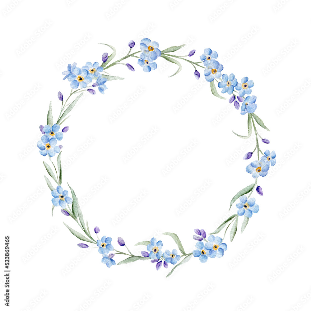 Watercolor blue forget me not spring flowers in bouquet for wedding. Decorative element for greeting card. Illustration