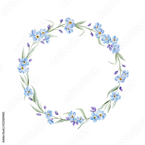 Watercolor blue forget me not spring flowers in bouquet for wedding. Decorative element for greeting card. Illustration