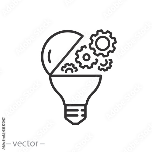 creative technology icon, technical innovation concept, open light bulb with gears, ideas future, thin line symbol on white background - editable stroke vector illustration