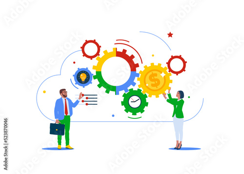 Businessman and girl manager optimizing cogwheels workflow system for best result. Workflow management for best outcome, team management.