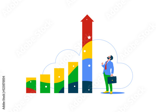 Businessman looking at high rising up graph arrow. Grow business increase sales and profit, growth or progress to achieve goal and target, improve or development to boost performance.