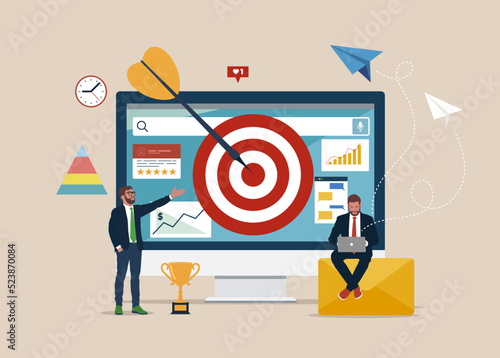 Remarketing manager and specialist put targeted ads. Remarketing strategy, digital marketing tool, visitors generation methodology concept. Trendy style vector illustration