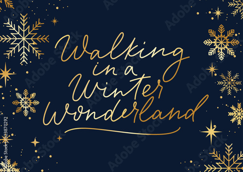 Walking in a winter wonderland elegant background with linear snowflakes and lettering. Luxury Christmas design template for invitation, party, event, baner or greeting card. Vector illustration