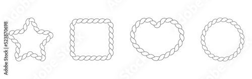 Rope frame in the form of circle, star. Square nautical cord border. Vector simple linear illustration.
