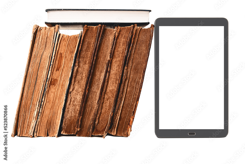 Stack of old hardcover brown books, new book and modern digital tablet with blank white screen isolated on white with reflection. Old vs new. Choice of way of reading analog or digital. Mockup.