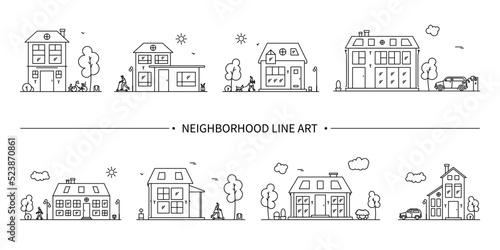 Neighborhood line art collection. A group of different linear compositions with houses, people and cars.