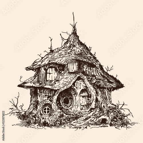 Fairy-tale forest wooden house of gnomes and goblin with a thatched roof. Freehand pencil sketch isolated on beige background.