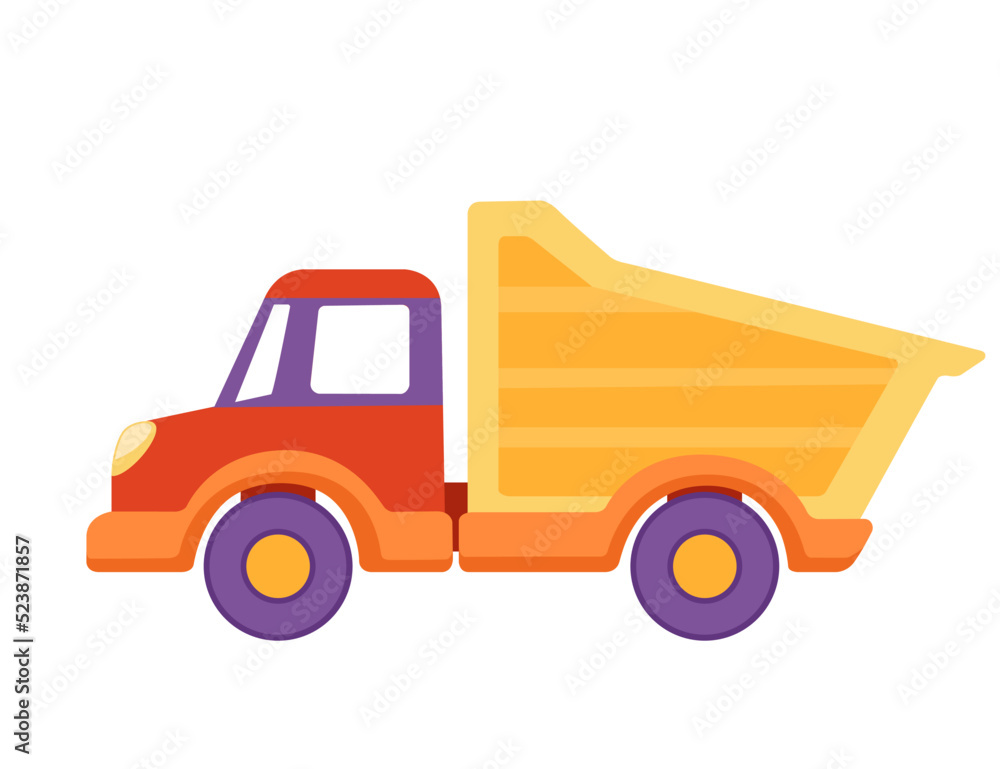 Children's toy color plastic dump truck isolated on a white background Children's toy color plastic dump truck isolated on a white background