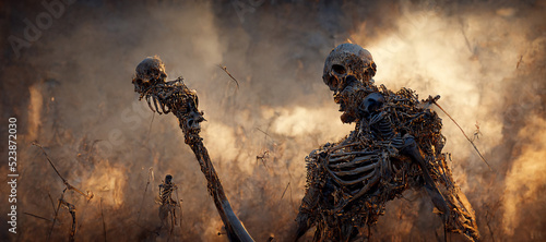 Photo man with his spear waking up the giant skeleton Digital Art Illustration Paintin