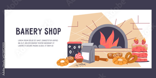 Bakery shop banner or leaflet mockup, flat vector illustration. Banner or flyer template with bakery supplies and fresh bread.