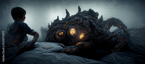 Fotografiet nightmare concept showing a boy on bed facing giant monster Digital Art Illustra