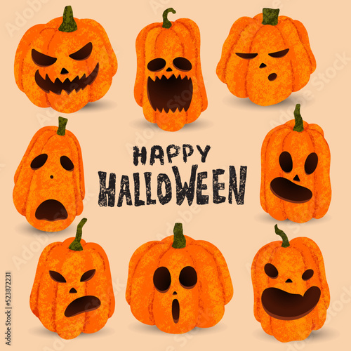 Happy Halloween. Set of pumpkins with different face emotion. Cute carved pumpkin face. Autumn vegetable