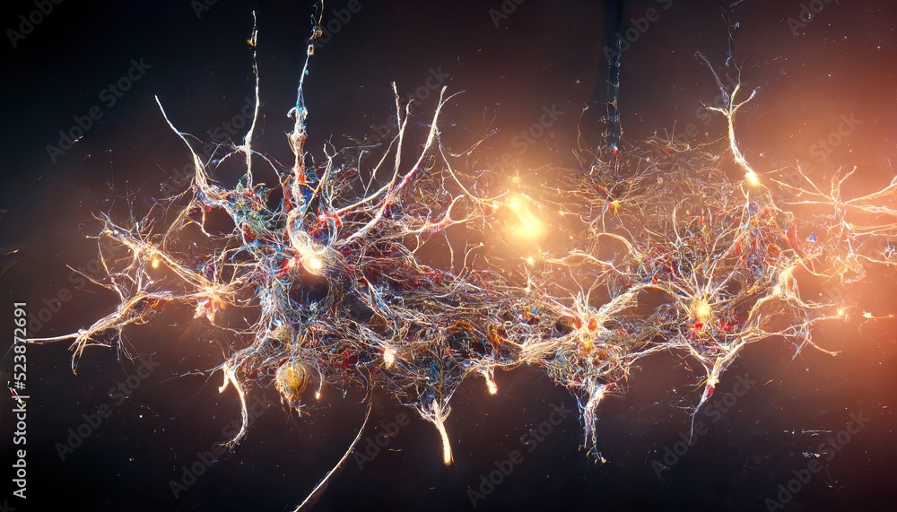 A 3D illustration of a neuron connecting to each other and had a gold light - obrazy, fototapety, plakaty 