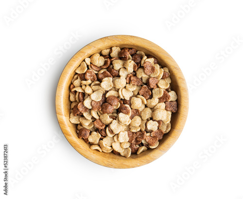 Breakfast cereal flakes in bowl isolated on white background.