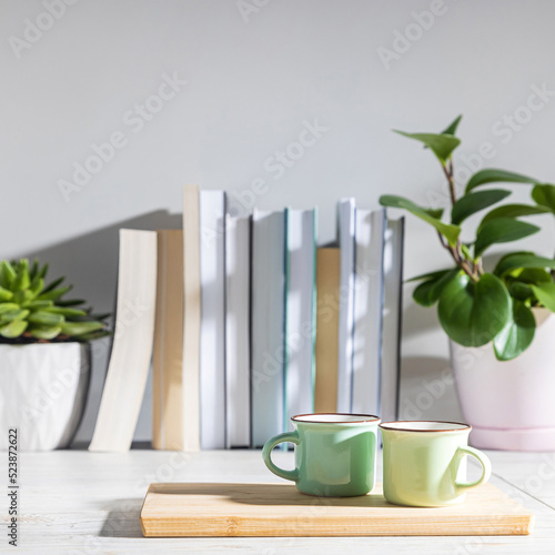 Peperomia magnoliifolia in a pink plastic pot, echeveria in a ceramic pot, a stack of books is on the bookshelf. Interior of a teenager's room. Green and light green coffee cups on small wooden board photo