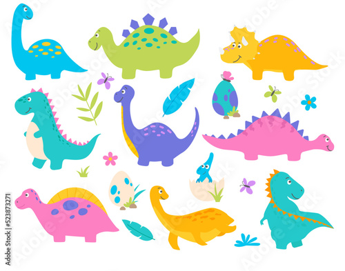 Cute cartoon dinosaur collection. Dino characters flat style vector illustration. T-rex, stegosaurus, spinosaurus, triceraptor, brontosaurus, plesiosaurus, brachiousaurus ancient comic reptiles.