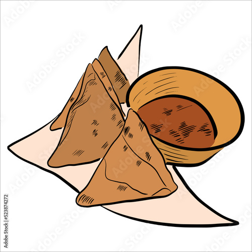 traditional indian food samosa with chutney sauce. street food in india. curry. masala. spicy.