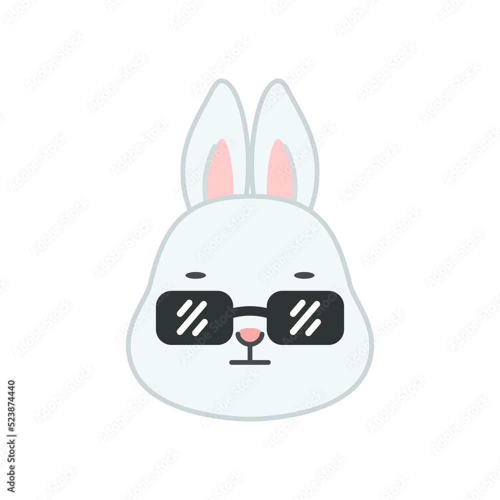 Cool bunny face. Flat cartoon illustration of a funny little gray rabbit wearing black sunglasses isolated on a white background. Vector 10 EPS. Cool bunny face. Flat cartoon illustration of a funny little gray rabbit wearing black sunglasses isolated on a white background. Vector 10 EPS.