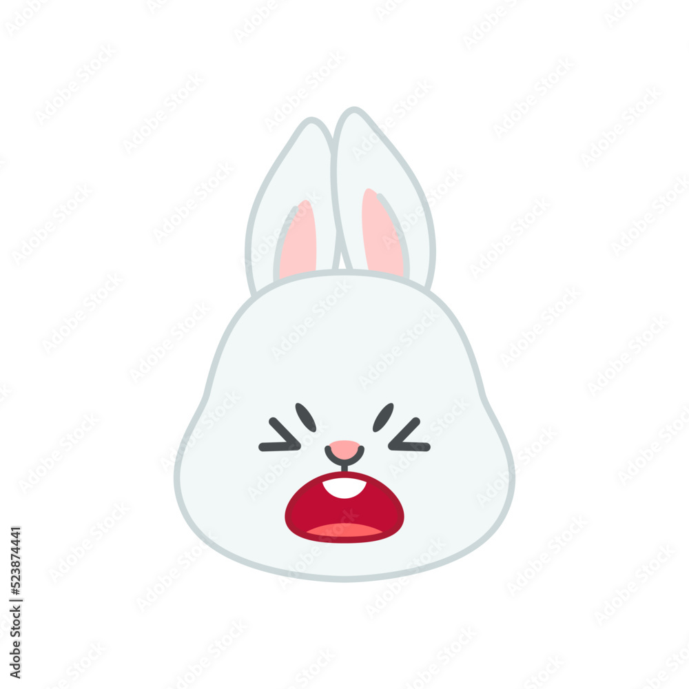 Cute angry bunny face. Flat cartoon illustration of a funny little gray ...