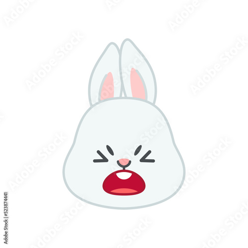 Cute angry bunny face. Flat cartoon illustration of a funny little gray rabbit screaming with anger isolated on a white background. Vector 10 EPS.