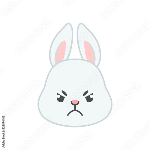 Cute angry bunny face. Flat cartoon illustration of a funny little gray rabbit furrowing its eyebrows isolated on a white background. Vector 10 EPS.