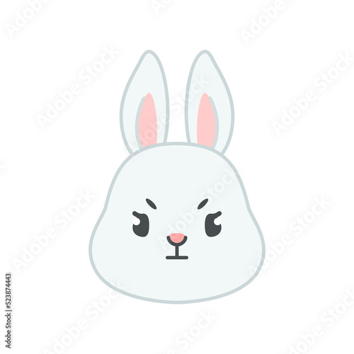 Cute grumpy bunny face. Flat cartoon illustration of a funny little gray rabbit furrowing its eyebrows isolated on a white background. Vector 10 EPS.