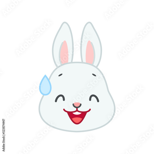 Cute nervous bunny face. Flat cartoon illustration of a little gray rabbit smiling with cold sweat isolated on a white background. Vector 10 EPS.