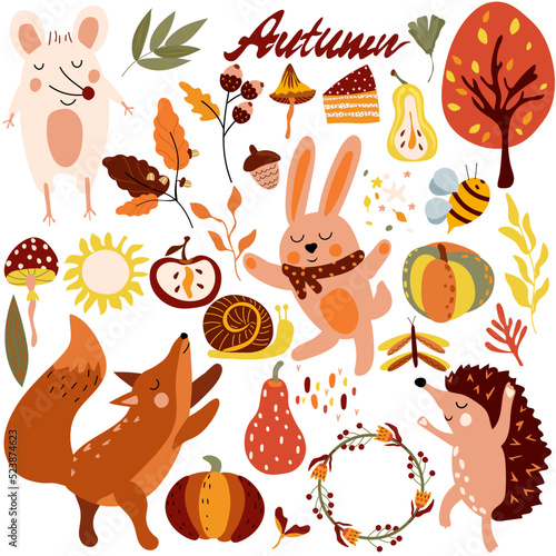 Autumn set, cute woodland animals and elements autumn, a mouse, cunning fox, a dancing hedgehog, colored trees, leaves, mushrooms. Perfect for web, harvest festival, banner, card and Thanksgiving