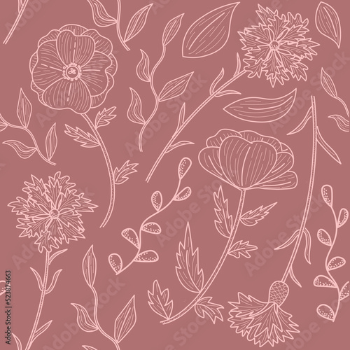 Meadow flowers seamless pattern. Pink floral background. 