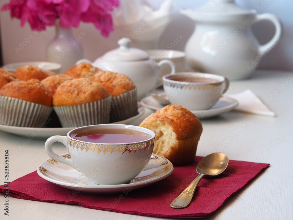 Breakfast with tea and cupcakes Breakfast with tea and cupcakes