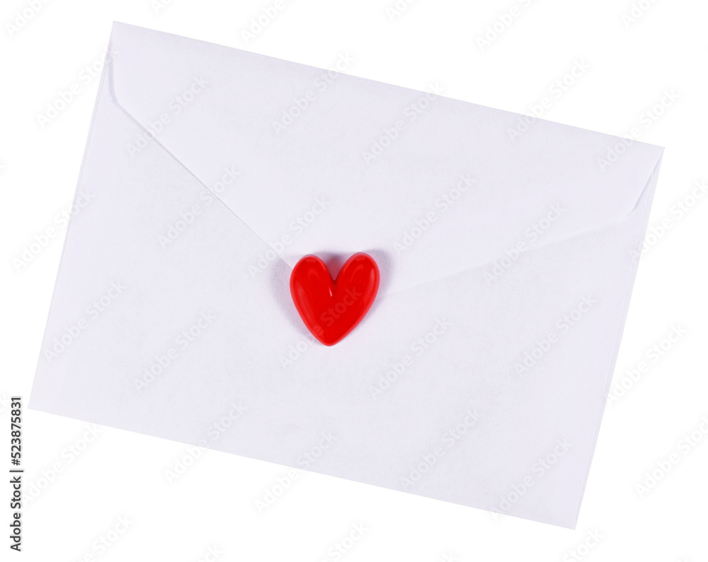Love letter. White envelope with single red heart on transparent background