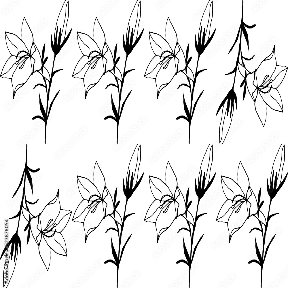 Naklejka premium Abstract flower elements vector seamless pattern. Simple repeat in black on white background.