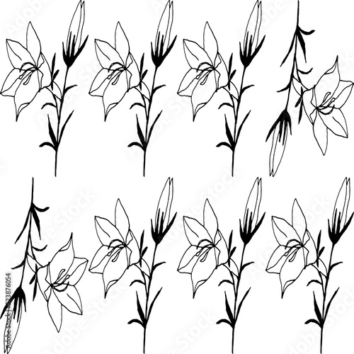 Abstract flower elements vector seamless pattern. Simple repeat in black on white background.