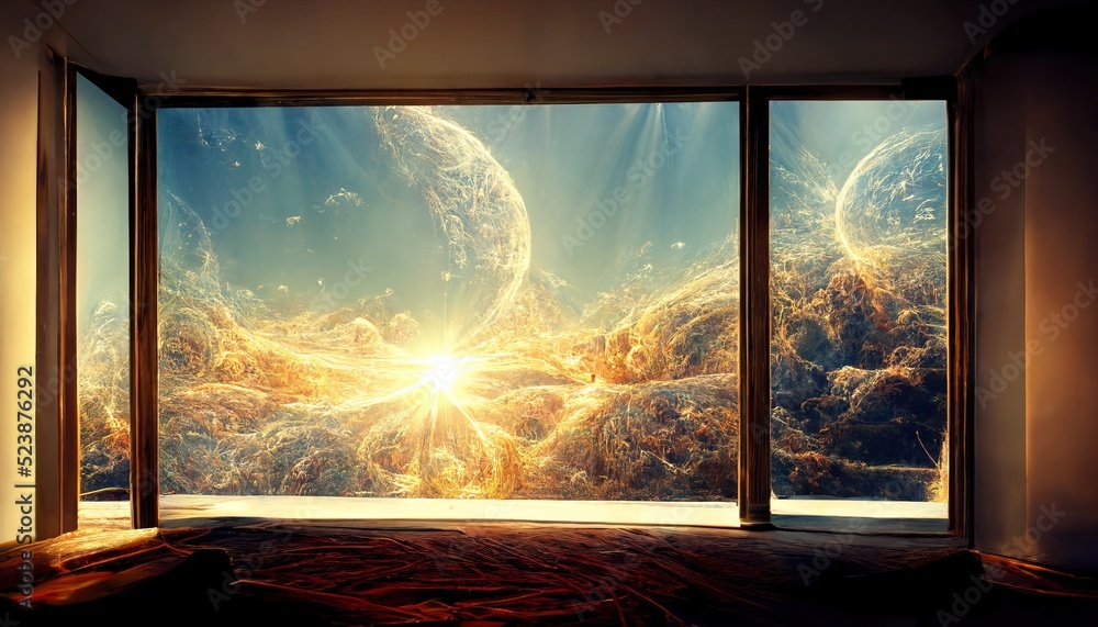 Obraz premium A 3D illustration of a cosmos cloud with a planet from the spaceship windows
