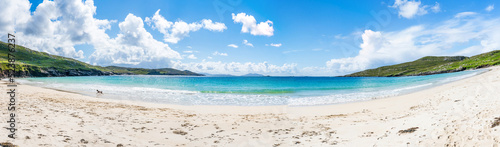 Wide panoramic view of Huisinis beach on Isle of Harris, Scotland, UK